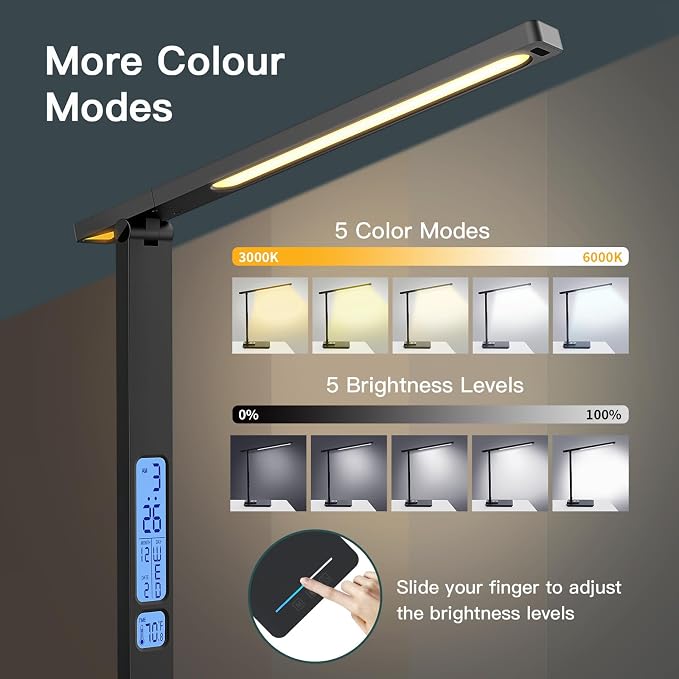 LAOPAO LED Desk Lamp with Wireless Charger: Desk Lamps for Home Office Bedroom, 5 Color Modes & Brightness Dimmable, 2 Night Light