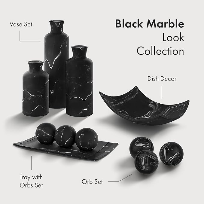 Creative Scents Black Marble Look 3pc Vase Set – Boho Vases for Decor, Modern Vases for Holding Pampas Grass, Dried/Fresh Flowers, Vases for Living Room - Kitchen, Bedroom, Office, Shelf Decor
