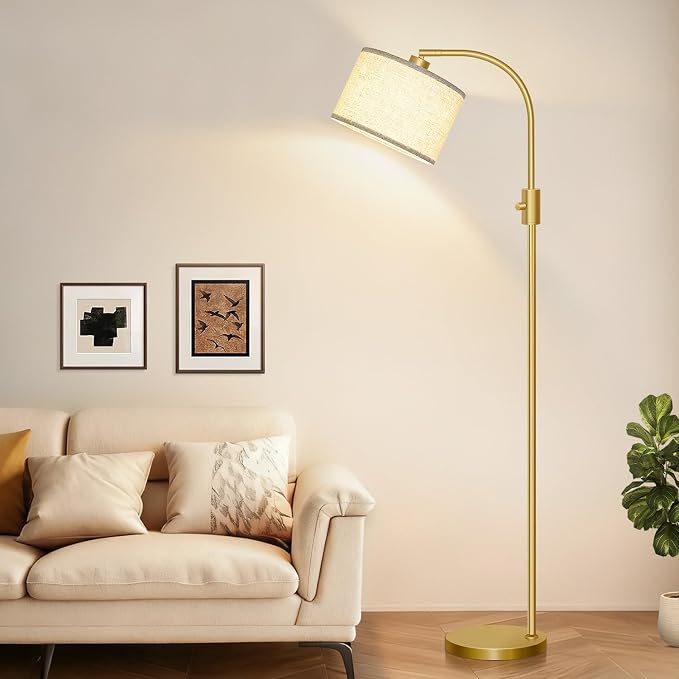 Nintiue Upgraded Modern Arc Dimmable Tall Standing Floor Lamp with Linen Shade, 1200 Lumens LED Bulb Included, for Living & Reading Room, Bedroom, Office & Nursery, Gold