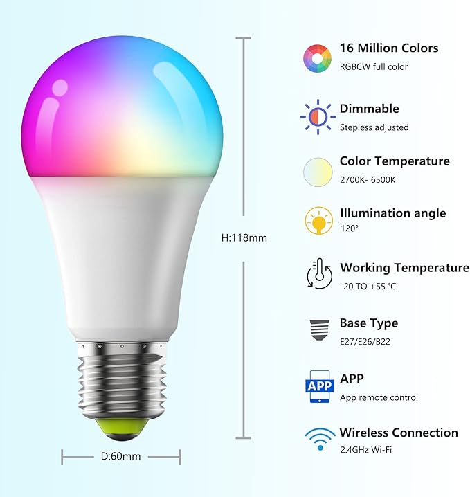 Smart Light Bulbs,Full Color Changing Dimmable LED Bulb,Compatible with Alexa and Google Assistant,UL FCC Certified,2.4GHz WiFi+Bluetooth LED Light Bulbs, Music Sync Smart Home Lighting (6)