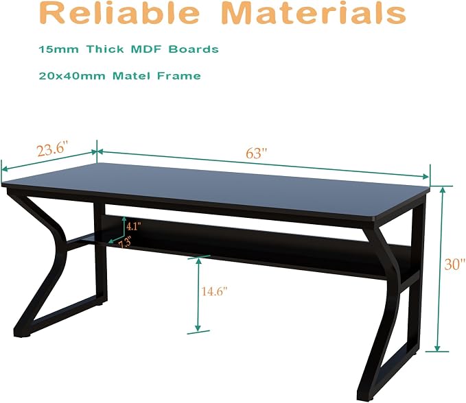 OSCHF 63-Inch Extra Long Desk with Storage Shelf, Black | Double Long Writing Table, Space-saving, 2-Person Workstation, Modern Study Work Computer Desk, For Home Office