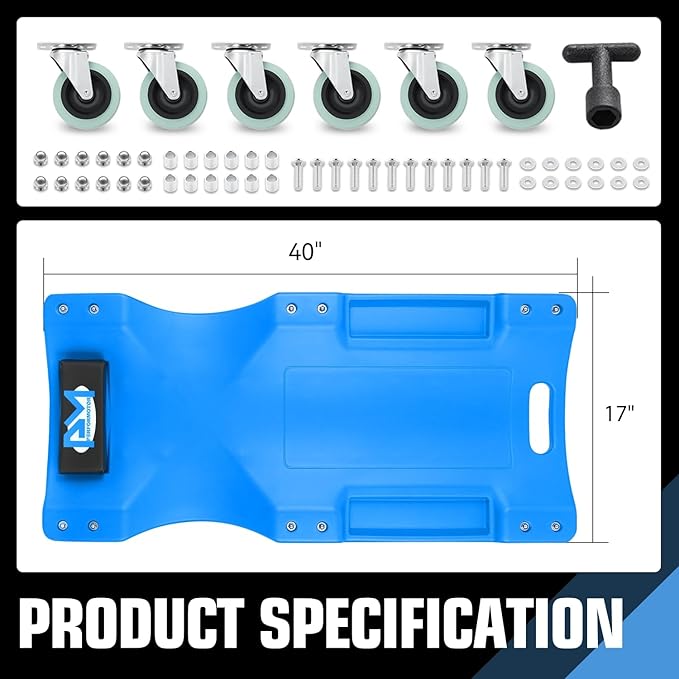 PM PERFORMOTOR 40Inch Low Profile Plastic Rolling Garage Shop Creeper with Padded Headrest,Tool Trays & 6pcs Casters, Blue, PM-TOL-CPC40-BL