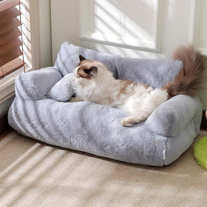 Soft Fluffy Self-Warming Cat Bed | Washable Pet Sofa for Indoor Cats & Small Dogs | Cute Princess-Inspired Kitten Couch & Puppy Bed(Gray,29.53''*20.08''*11.02'')