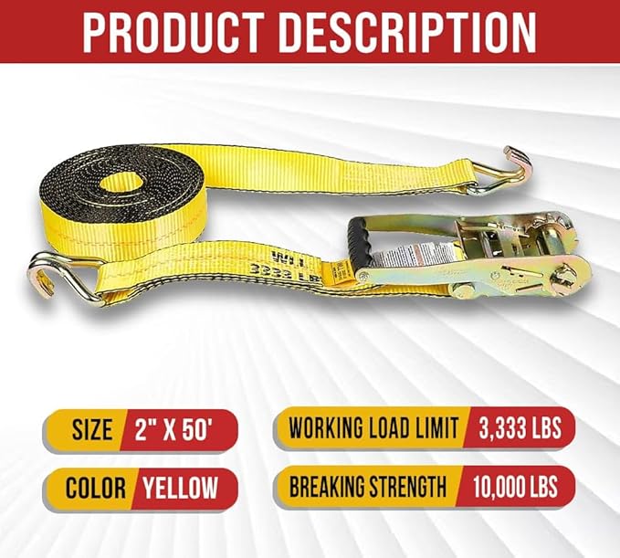 Mytee Products 2 Pack 2 Inch x 50 FT Heavy Duty Ratchet Straps with Double J Hooks | 10,000 lbs. Breaking Strength Yellow Tie Down Straps w/Wire Hooks for Industrial Use, Trailers, Truck & Cargo.