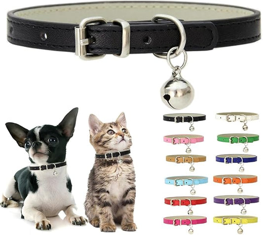 Black XXS Dog Collar with Bell, Soft Pu Leather Puppy Collars Adjustable Buckle for XS Extra Small Medium Tiny Male Boys Girls Pets Cats Kitten Teacup Yorkie XX-Small