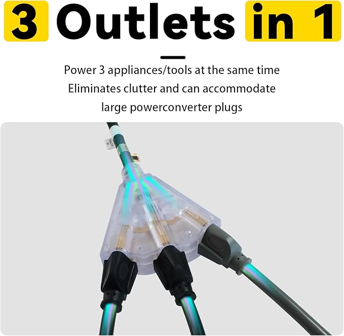 EP 3 Ft Lighted GFCI Extension Cord with 3 Electrical Power Outlets - 12/3 SJTW Heavy Duty Black Pigtail Extension Cable with 3 Prong Grounded Plug for Safety, UL Listed