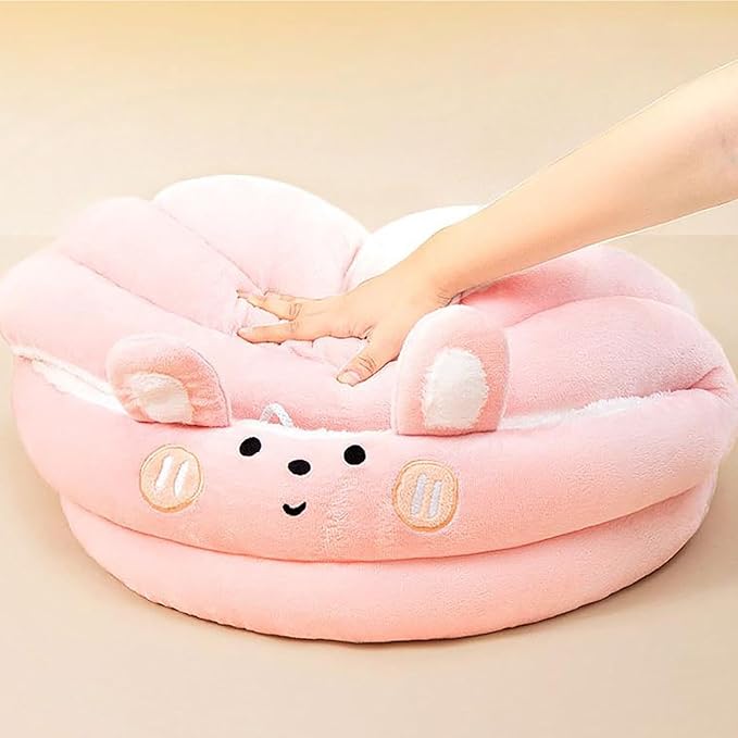 Cat Bed for Indoor Cats, Dog Bed with Anti-Slip Bottom, Rabbit-Shaped Cat/Small Dog Cave with Hanging Toy, Puppy Beds with Removable Cotton Pad, Super Soft Calming Pet Sofa Bed (Pink, Medium)