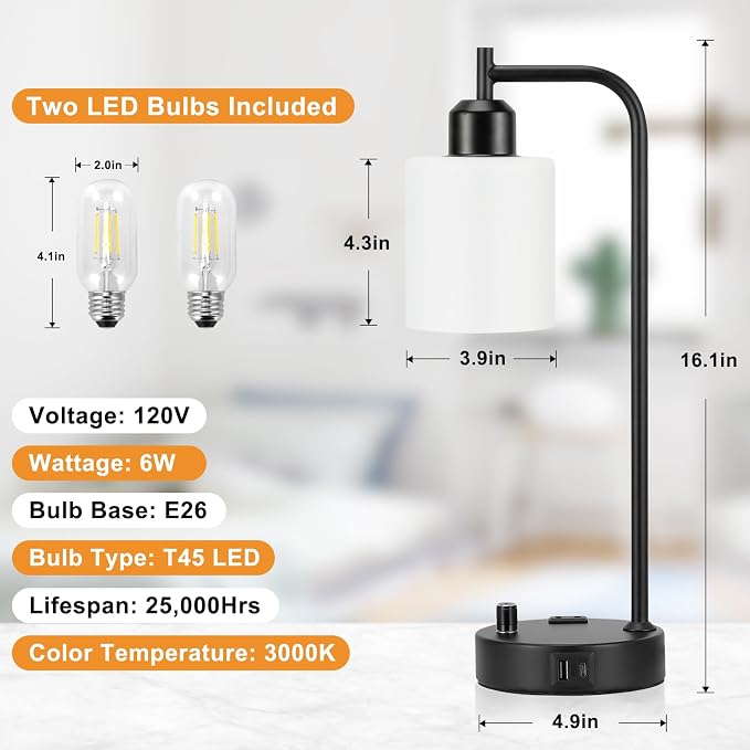 Industrial Bedroom Lamps for Nightstand Set of 2 - Fully Dimmable Bedside Lamps with USB A C Ports and Outlet, Black Table Lamps with Opal Glass Shade for Living Room, Desk Lamps for Office Reading
