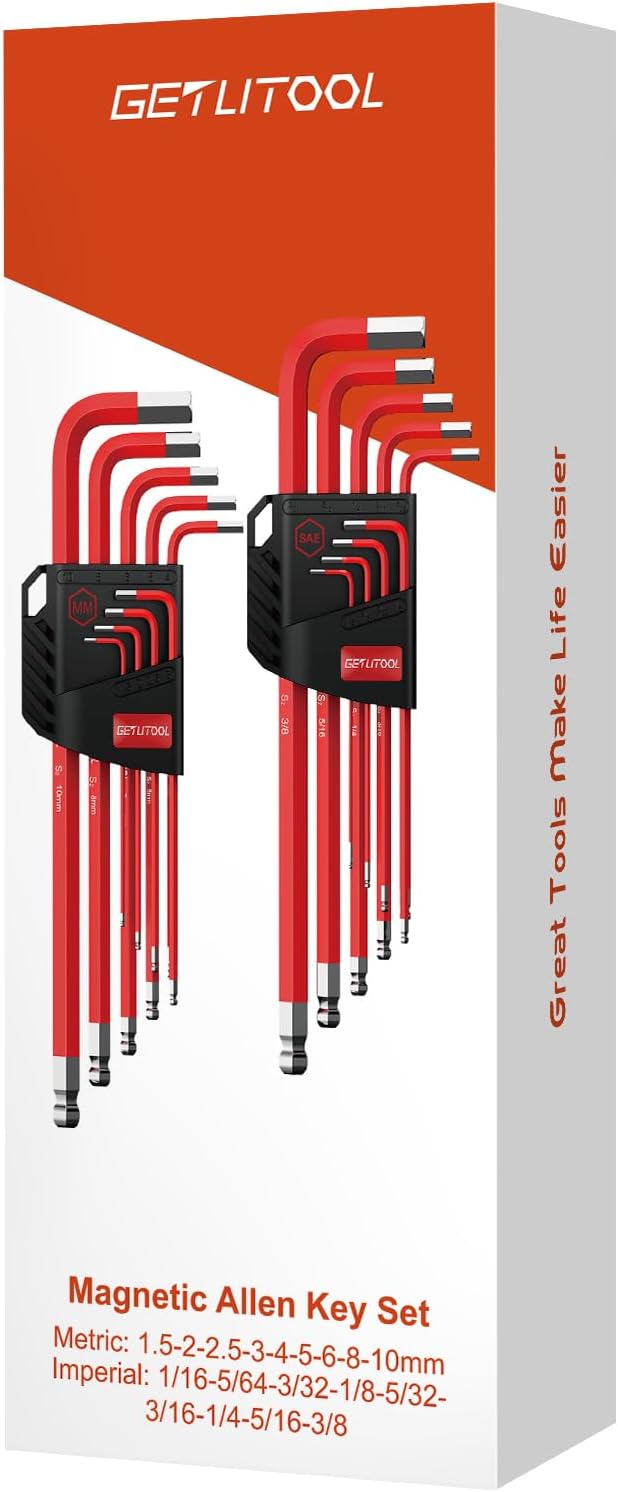 GETLITOOL 18PCS Magnetic Allen Key Set, S2 Steel Long Allen Wrench Set Metric(1.5mm-10mm) & SAE(1/16"-3/8"), Ball End Hex Key L-key with Size-Marked & Torque Handle for Bike Repair, Household DIY
