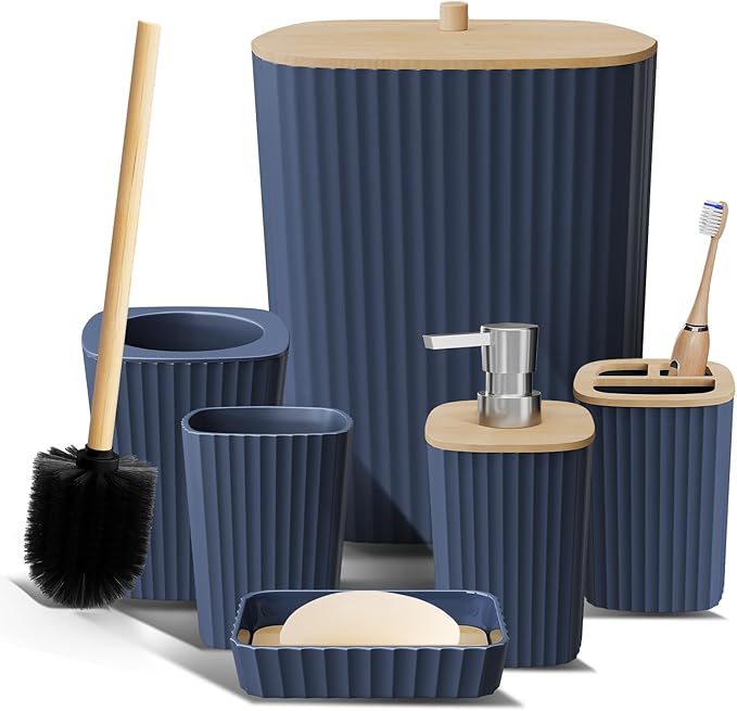 Clara Clark Bathroom Set - Navy Blue Bathroom Accessories Set, 6PC Bathroom Accessory Set, Bathroom Sets with Toilet Brush, Trash Can & Soap Dispenser
