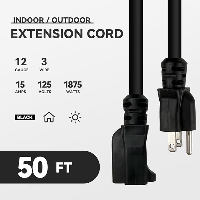 50 FT 12 Gauge Outdoor Heavy Duty Extension Cord - 12/3 SJTW 15 AMP Indoor Power Cord with 3 Prong Grounded Plug for Lawn Mower, Appliances, Workshop, Lights Water Resistant Flexible Cable