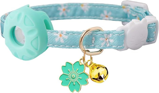 Breakaway Cat Collar with Airtag Holder,Kitten Collar with Apple Air Tag Holder and Bell for Girl Boy Cats, 0.4 Inches in Width and Lightweight. (Blue Flower)