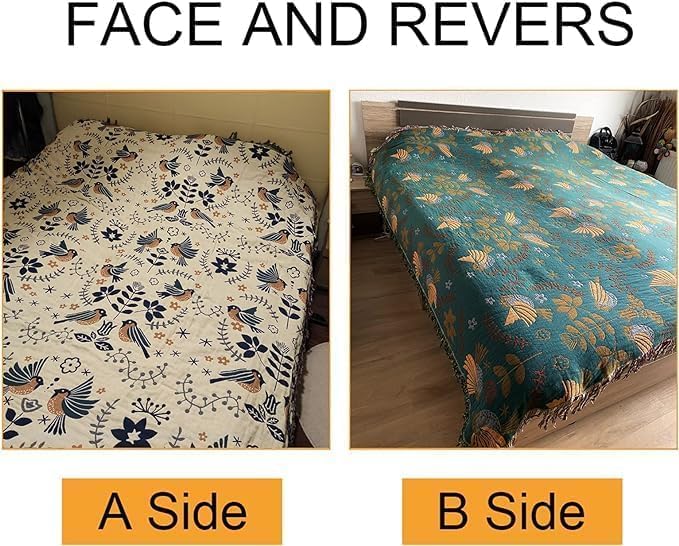 Boho Throw Blanket for Couch 100% Cotton Organic Ultra Soft Breathable Rustic Quilt 50" x 60" Birds and Floral Throw for Sofa Chair Bed Couch Chair