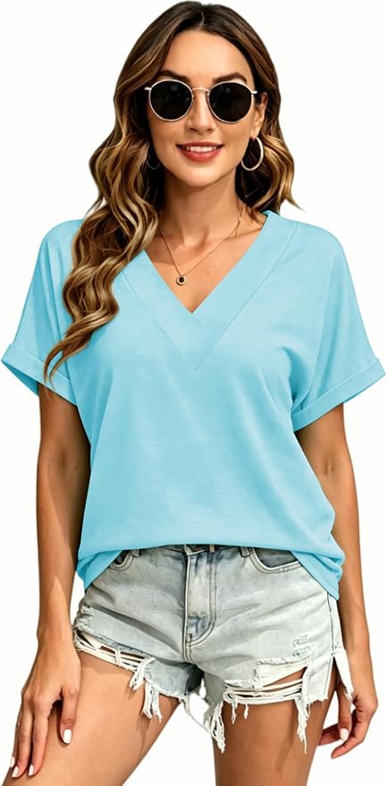 T Shirts Short Sleeve V Neck Tees Womens Tops Beach Vacation Fashion Clothes 2026 Casual Summer Spring Fall Outfits