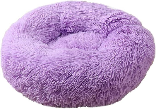 Calming Faux Fur Dog Beds Calming Donut Cuddler Dog Bed Washable Round Cat Bed Pillow Cuddler Fluffy Indoor Dog Calming Beds with Anti Slip Bottom Solid Color Purple 39 Inch