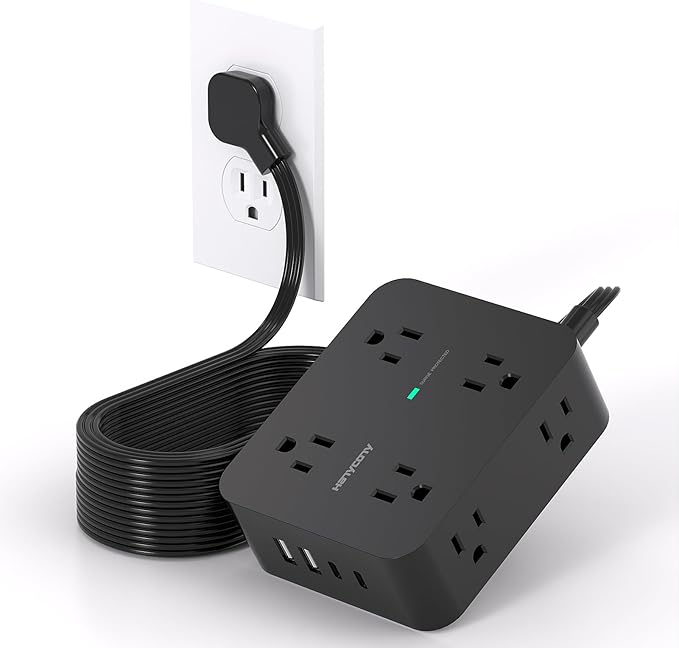 Surge Protector Power Strip 15 Ft Cord, HANYCONY Extension Cord with 8 Outlets 4 USB Ports(2 USB C), Long Cord Power Strip with Flat Plug, Wall Mount, Desk for Home Office