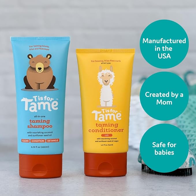 T is for Tame - Baby Shampoo & Conditioner for Curls Bundle – Plant-Based Tear-Free Hair Care Set for Babies, Toddlers & Kids – Frizz Control with Coconut Oil & Sunflower Seed Oils - 6.76 & 5.07 fl oz
