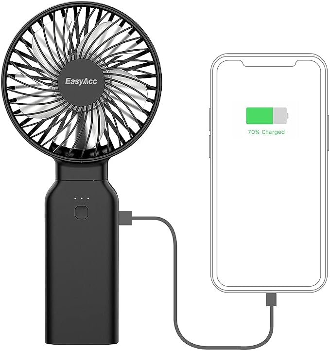 EasyAcc Portable Travel Fan [Max 53H Cooling Time] 9000mAh Rechargeable Battery Powered Handheld Fan with Power Bank 4 Speeds Powerful Personal Desk Electric for Travel Outdoor Office