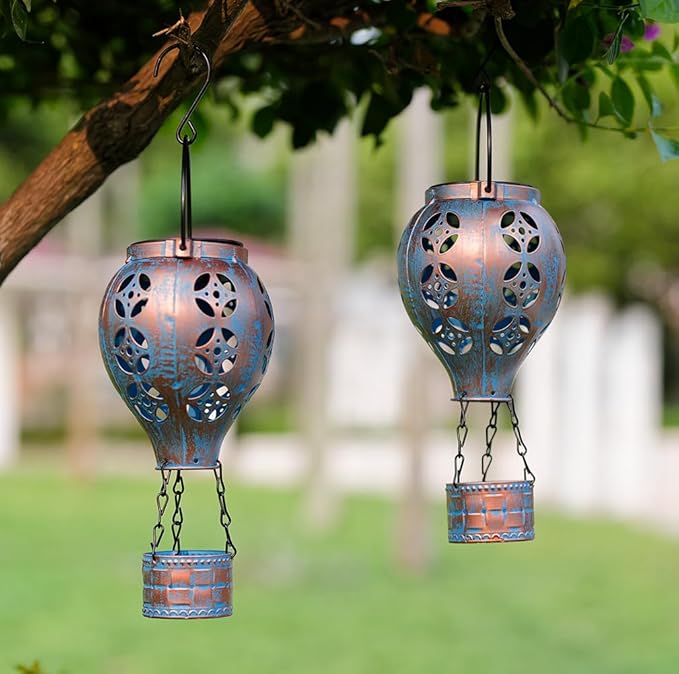 Hot Air Balloon Solar Lantern for Garden Decor,2 Pack Matal Hanging Lantern,Outdoor Metal LED Solar Lights for Yard Patriotic Trees Decor