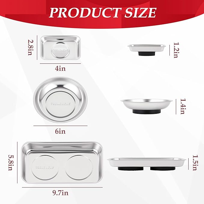 TOOLEAGUE 4Pcs Magnetic Tray Set with 15Lb Magnetic Pickup Pen,Stainless Steel Trays with Extra Strong Magnets for Organizing and Retrieving Metal Parts