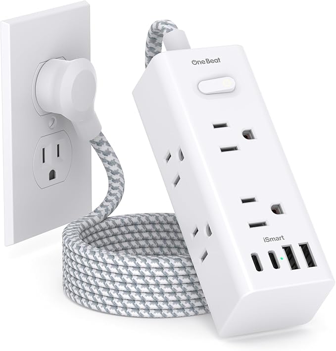 Power Strip Surge Protector - One Beat 6 Widely Outlets with 4 USB Ports (2 USB C), 5 Ft Extension Cord Flat Plug, Wall Mount Outlet Extender Small Power Strip for Travel Home Office College Dorm Room