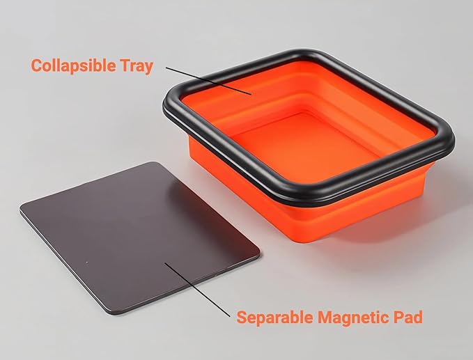 Collapsible Magnetic Parts Tray Set of 3 Different Size, Red Foldable Silicone Tool Trays for Screws, Bolts, Nuts and Other Small Metal Parts (Orange)