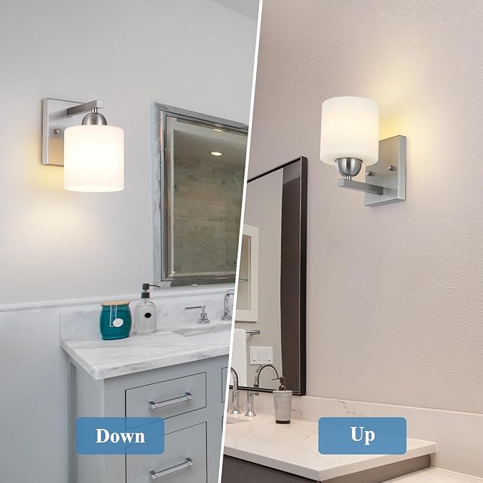 Brushed Nickel Milk Glass Wall Sconces, 1 Pack Hardwired Indoor Wall Light Fixtures for Living Room, Hallway, Bedroom, Ceramic E26 Sockets (Bulbs Not Included)