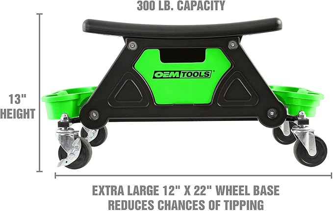 OEMTOOLS 24986 Heavy-Duty Rolling Workbench and Creeper Seat, Mechanics Stool with Wheels, Creepers, Shop Stools with Wheels, Automotive, Green and Black 300 LB Capacity