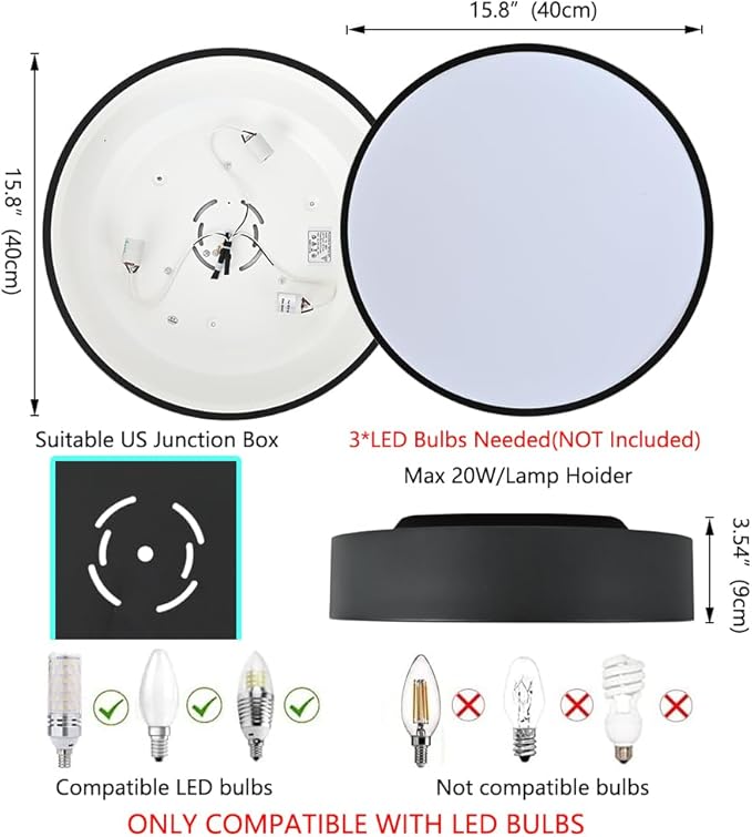 Modern Black Flush Mount Ceiling Light, 3-Lights Round Ceiling Light, Minimalistic Ceiling Lamp Acrylic Shade Lighting Fixture for Bedroom Laundry Room Bathroom Hallway(15.8 Inch)
