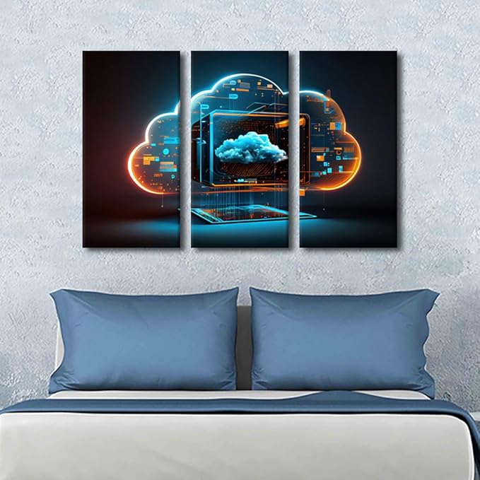 TUMOVO 3 Panels Modern Canvas Wall Art Digital Informational Technology Web Futuristic Hologram With Cloud Print On Canvas for Home Decorations Gallery-Wrapped Ready to Hang, 42" Wx28 H