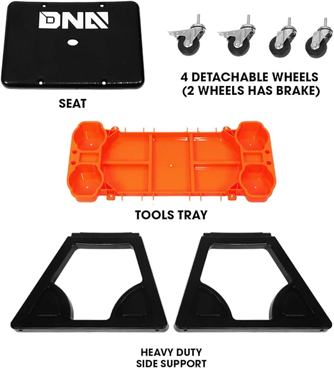 DNA Motoring TOOLS-00188 Mechanic Stool - 23" x 13.5" x 10.5" (L x H x W), Rolling Work Seat w/Lockable Swivel Wheels and Storage Tool Tray