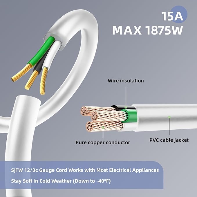 EP 12/3 12 FT Indoor Outdoor White Extension Cord Waterproof, 12 Gauge 3 Prong Power Cord Flexible Resistant Appliance Extension Cable Electric Cable Outside, 15A 1875W 12AWG SJTW, ETL Listed