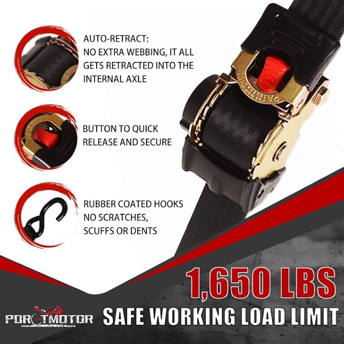 4 Pack Retractable Ratchet Straps (2" × 10'), 3000LBS Break Strength Self Retracting Ratchet Straps Heavy Duty Retractable Tie Down Straps for Motorcycle, Trailers, Boats, ATVs, UTVs