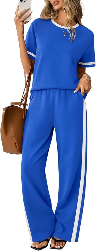 Sampeel 2 Piece Sets for Women Matching Sets Summer Outfits Resort Wear Short Sleeve Lounge Set Wide Leg Pants with Pockets