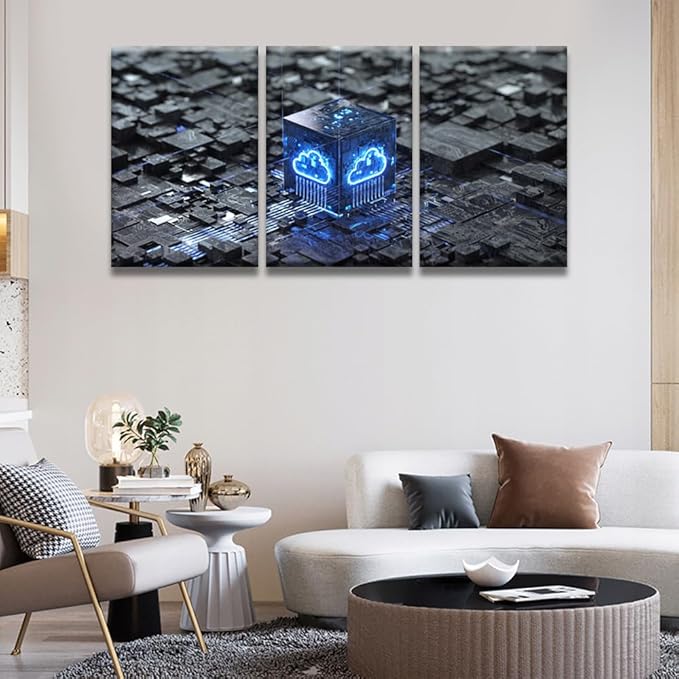 LSIUHWUWI Wall Art for Living Room 3 Panel Cloud Computing and Vetwork Security Concept Pictures Posters Contemporary Wall Decor for Home Office Hotel Wall Wooden Framed Ready to Hang 16x24inchx3