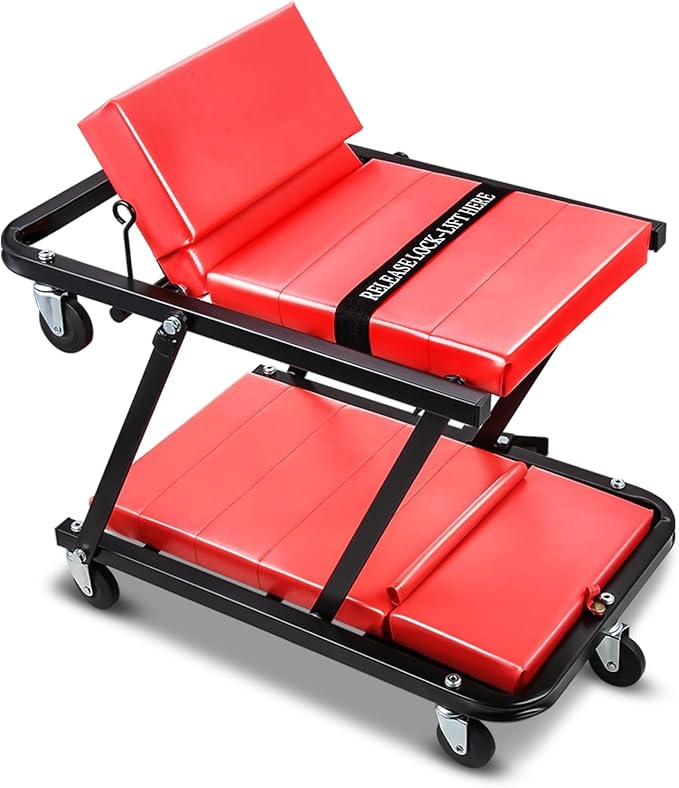 Auto Dynasty 48" Z-Creeper Seat, 2-in-1 Foldable Garage Rolling Creeper Shop Seat, 330 LBS Capacity Automotive Mechanic Under Car Repair Tool, Black