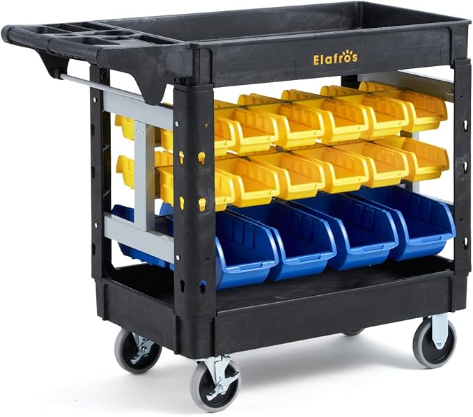 Elafros 2-Tier Utility Cart with 32 Storage Bins – Heavy-Duty Rolling Service Cart with Deep Tub Shelves, Locking Wheels, 550 lbs Capacity, 40.7"x17", for Workshop, Garage, Office