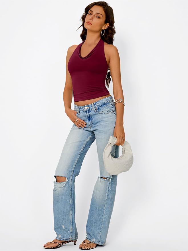 Trendy Queen Halter Tops for Women Going Out Summer Top | Cowl Neck Shirts, Sexy Backless, Fashion Y2K Clothes, Perfect for Party, Club, Vacation, Pair with High-waisted Bottoms