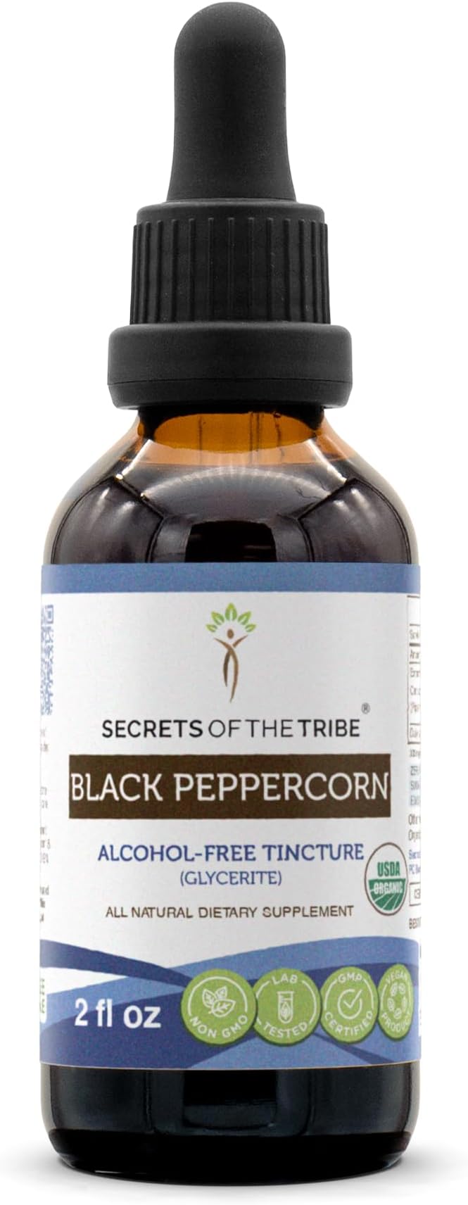 Secrets of the Tribe Black Peppercorn Alcohol-Free Liquid Extract, USDA Organic Black Peppercorn (Piper nigrum) Tincture Supplement (2 FL OZ)