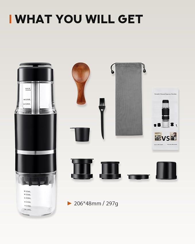 Portable Coffee Maker for Travel & Camping, Travel Lightweight Coffee Machines, Manually Operated, Compatible with Ground Coffee & NS Capsule Black (2Pcs)
