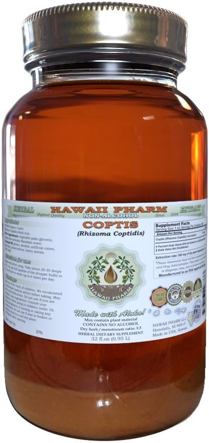 Coptis Alcohol-Free Liquid Extract, Coptis (Rhizoma Coptidis) Dried Root Glycerite Hawaii Pharm Natural Herbal Supplement 32 oz Unfiltered
