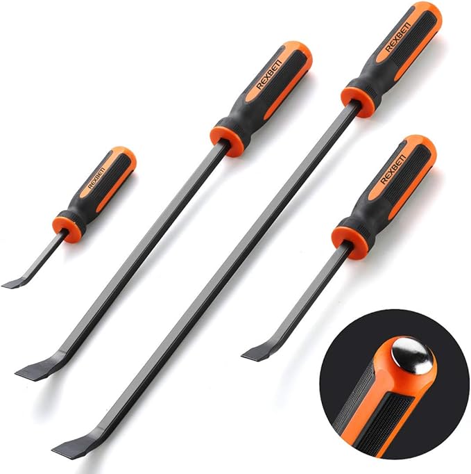 REXBETI Pry Bar Set, 8", 12", 18" and 24" Heavy Duty Pry Bar 4-Piece Mechanic Hand Tools, Thicker Strike Cap Handle, Black Orange