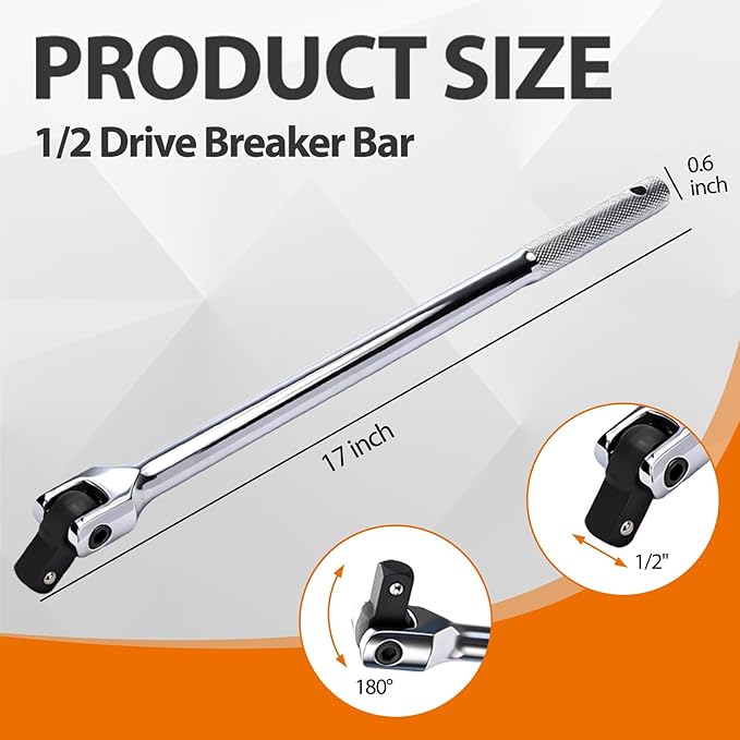 17-inch Dual Drive Breaker Bar, Heavy Duty Breaker Bars, 1/2 drive Flex Handle with 180° Rotatable Head
