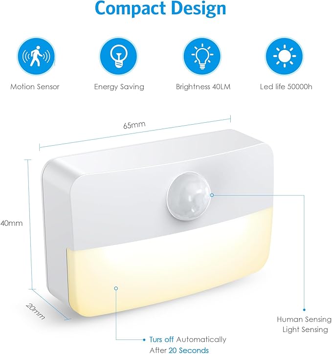 AMIR 6 Pack Mini Motion Sensor Stair Light for Indoor, Battery-Powered LED Night Light, 40 Lumen 3000K, Cordless Closet Lights, Safe Lights for Stairs, Hallway, Bathroom, Kitchen, Cabinet