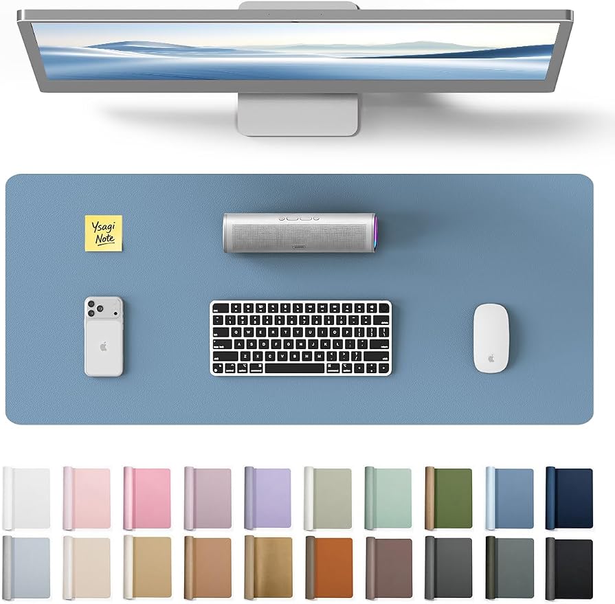 YSAGi Leather Desk Protector, Office Mat, Large Mouse Mat, Non-Slip PU Leather Blotter, Laptop Desk, Waterproof Writing Pad for Office and Home (Blue, 23.6" x 13.8")