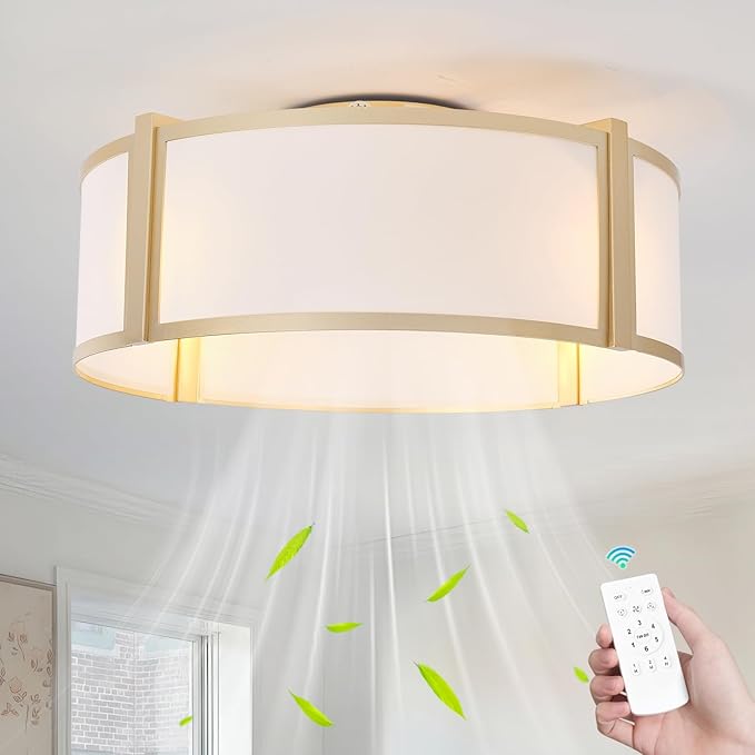 Gold Caged Ceiling Fan with Light, 20" Flush Mount Boho Ceiling Fans with Lights Remote Control, Low Profile Fabric Bladeless with 6 Speeds for Bedroom, Nursery, Living Room
