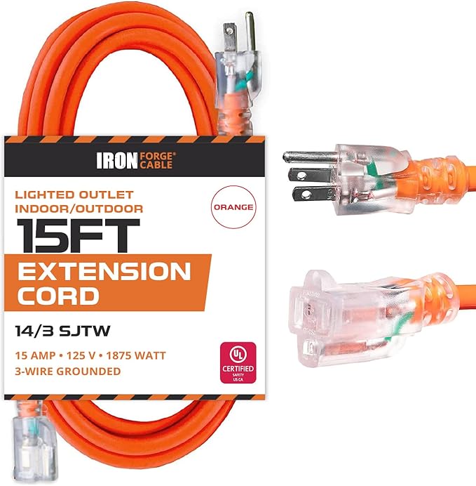 Iron Forge Cable Weatherproof 15 Ft Outdoor Extension Cord - 14/3 SJTW 15 Amp Heavy Duty Orange Extension Cord 3 Prong - Lighted End