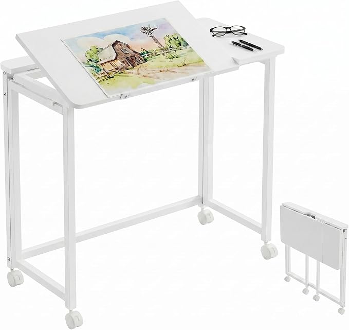 GreenForest Portable Folding Desk with Wheels, 31.5 inch Adjustable Tilt | Drafting Table Workstation for Small Spaces, Home Office, Drawing & Craft Projects，White