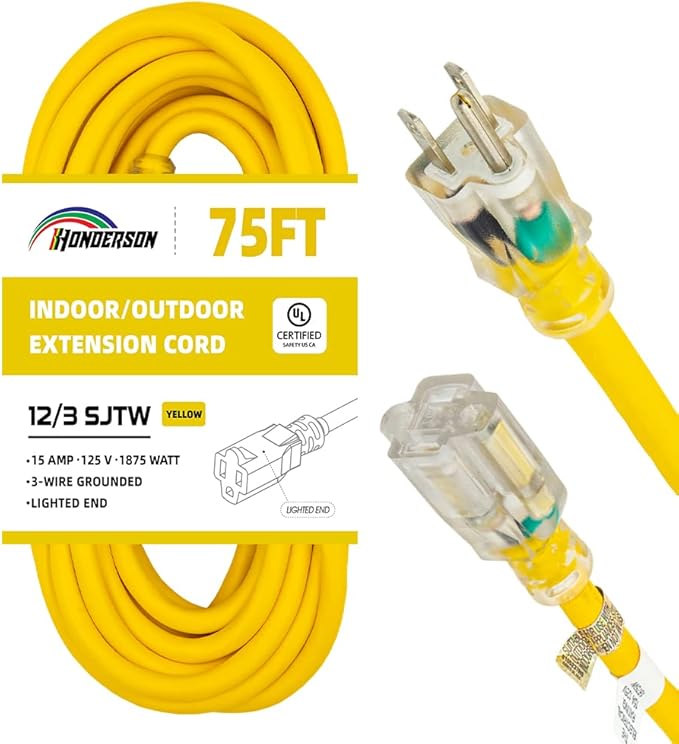 Indoor Outdoor Extension Cord Weatherproof with Lighted End, UL Listed, 12 Gauge 75FT Yellow 3 Prong Heavy Duty, 12/3 SJTW 15A Power Cord for Outdoor Lights, Lawn