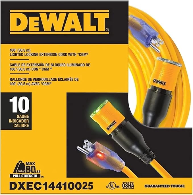 DEWALT 25 Foot Extension Cord Lighted Click-to-Lock 10/3 SJTW - Heavy Duty Outdoor, Waterproof, Weatherproof, Heat & Corrosion Resistant Industrial Strength Light Up Three Prong Outlet Plug Power Cord